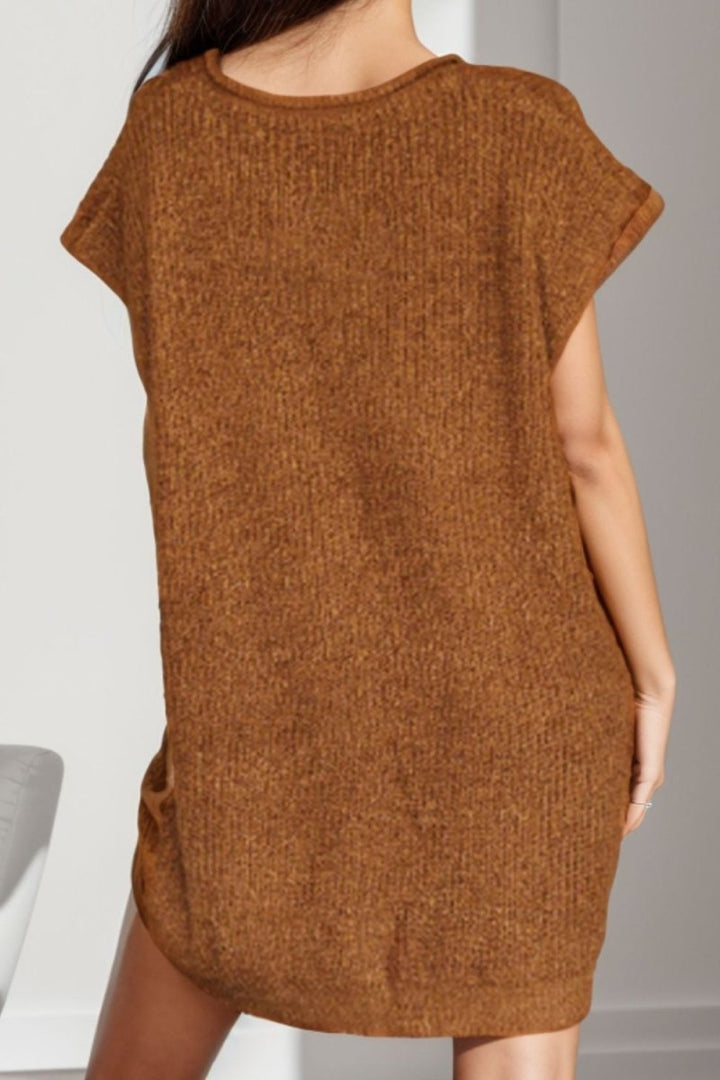 Notched Cap Sleeve Mini Sweater Dress - Sweater Dress