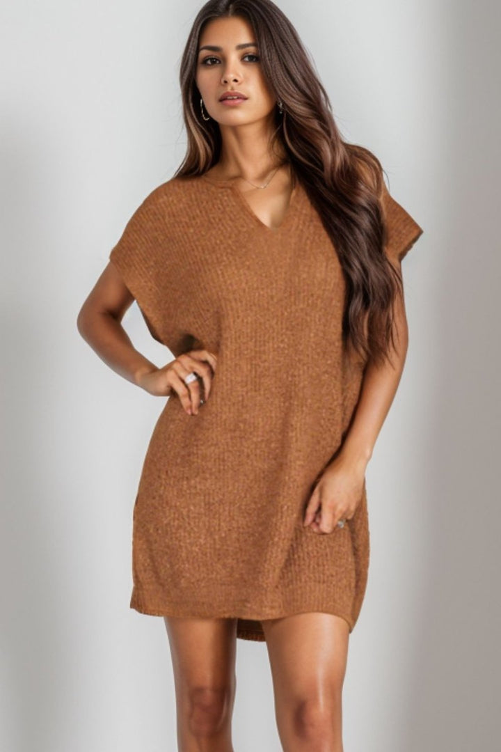 Notched Cap Sleeve Mini Sweater Dress - Sweater Dress
