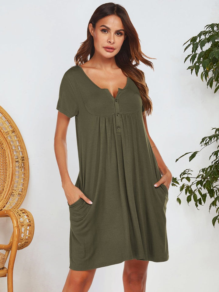 Notched Short Sleeve Mini Lounge Dress - Casual Dress