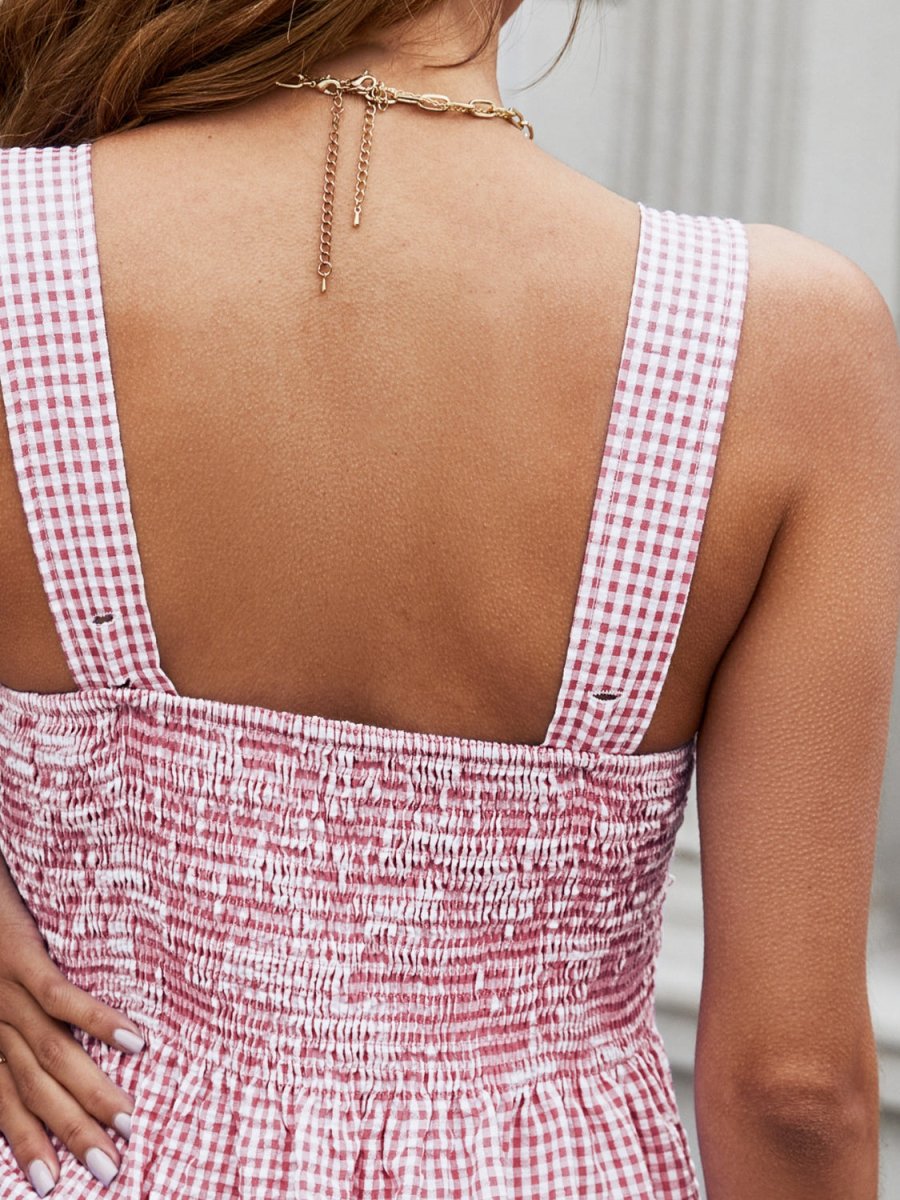 Smocked Plaid Square Neck Tank - Top