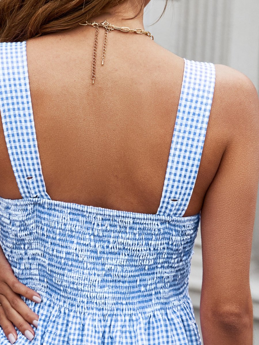 Smocked Plaid Square Neck Tank - Top