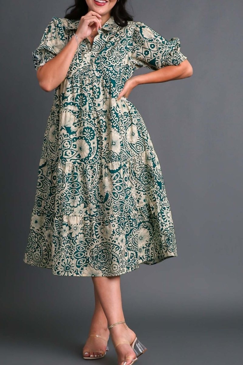 Umgee Full Size Boarder Print Midi Dress Plus Size