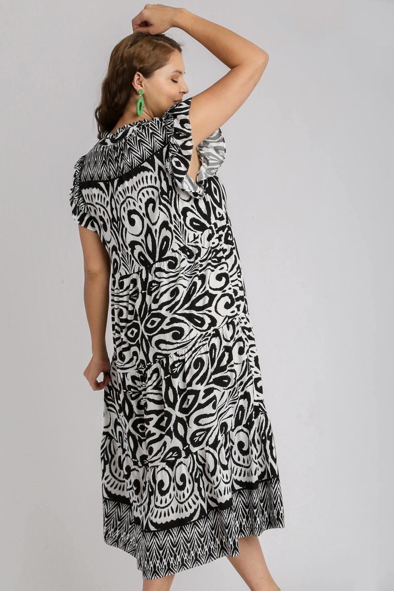 Umgee Full Size Two Tone Border Print Ruffle Cap Sleeve Midi Dress Plus Size - New Arrivals