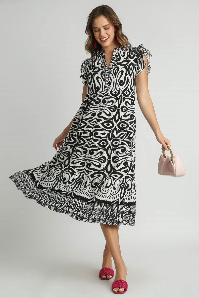 Umgee Full Size Two Tone Border Print Ruffle Cap Sleeve Midi Dress Plus Size - New Arrivals
