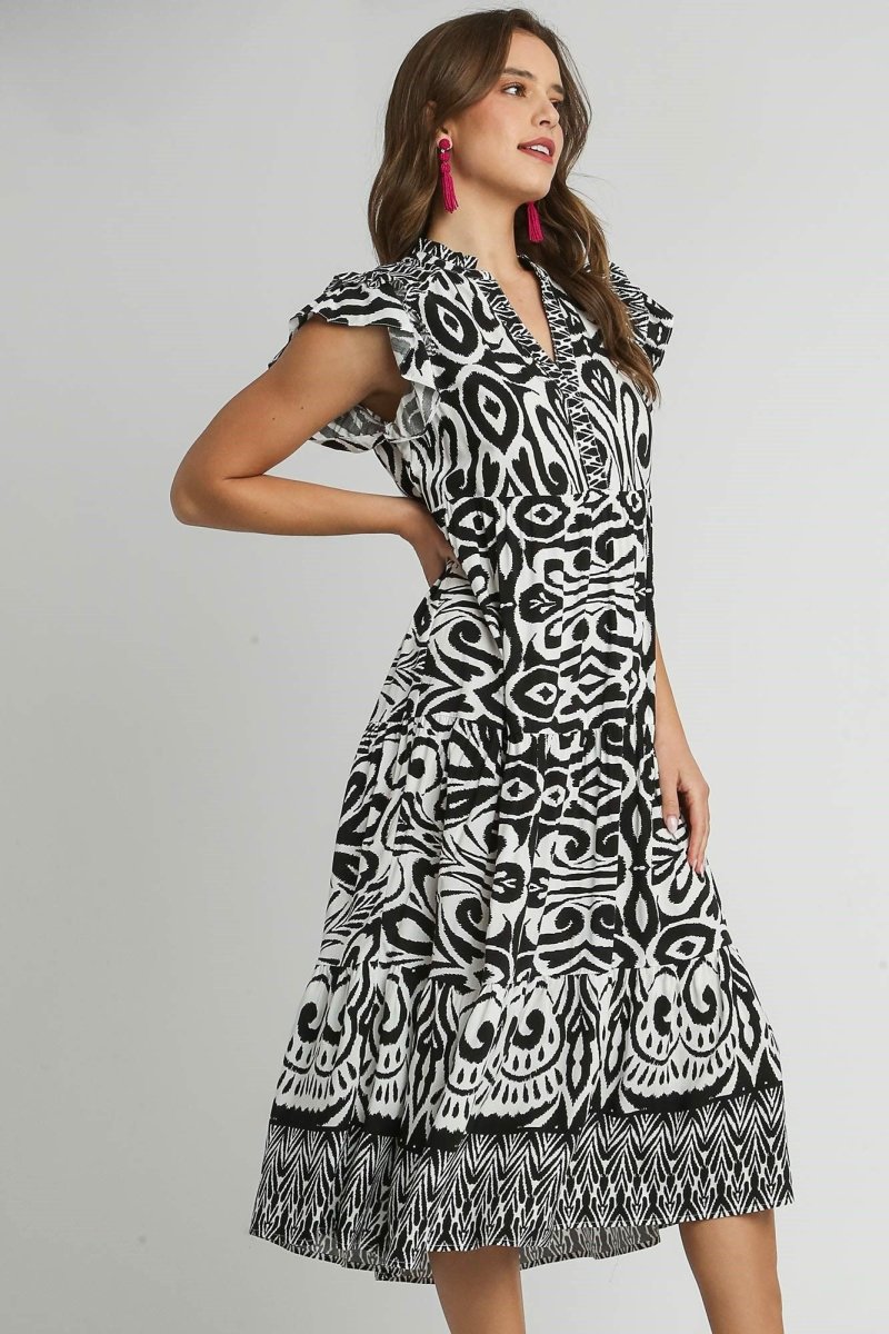 Umgee Full Size Two Tone Border Print Ruffle Cap Sleeve Midi Dress Plus Size - New Arrivals