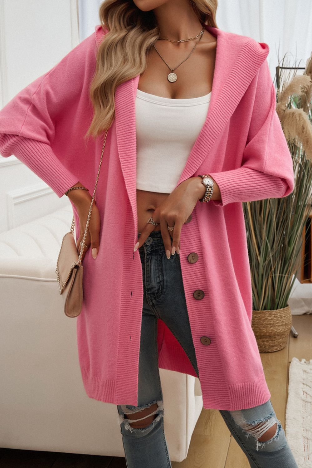 Button Up Long Sleeve Hooded Cardigan