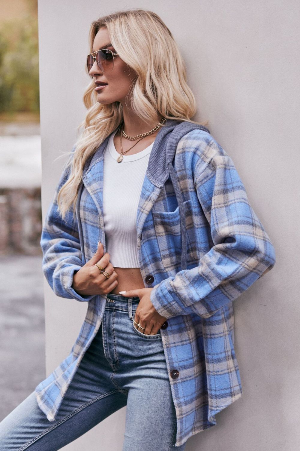 Mandy Plaid Dropped Shoulder Hooded Longline Jacket