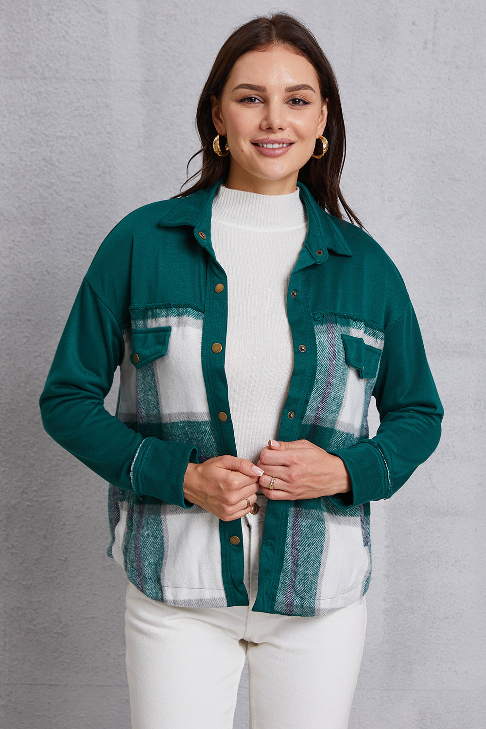 MeiMei Plaid Snap Down Pocketed Dropped Shoulder Jacket