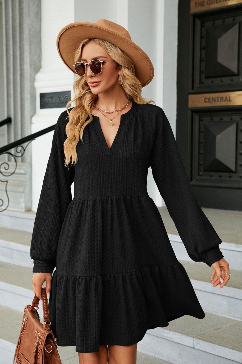 notched neck long sleeve mini dress