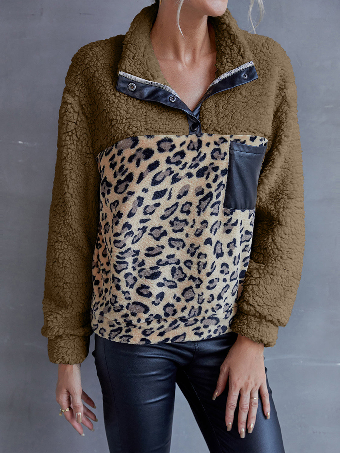 Ivy Lane Leopard Quarter-Snap Teddy Sweatshirt