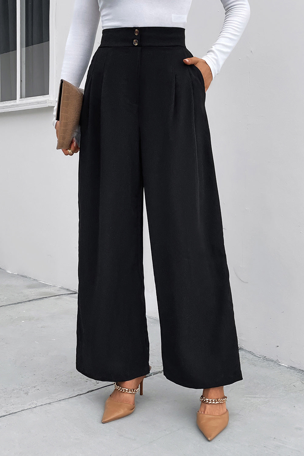 Perfee High Waist Ruched Pocketed Wide Leg Pants