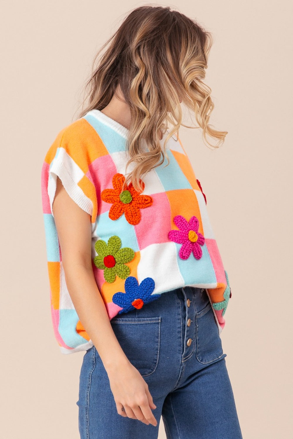 BiBi Flower Patch Checkered Sweater