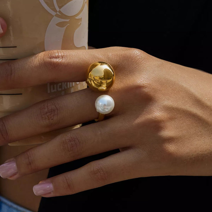 18K Gold Orb & Pearl Open Ring - 