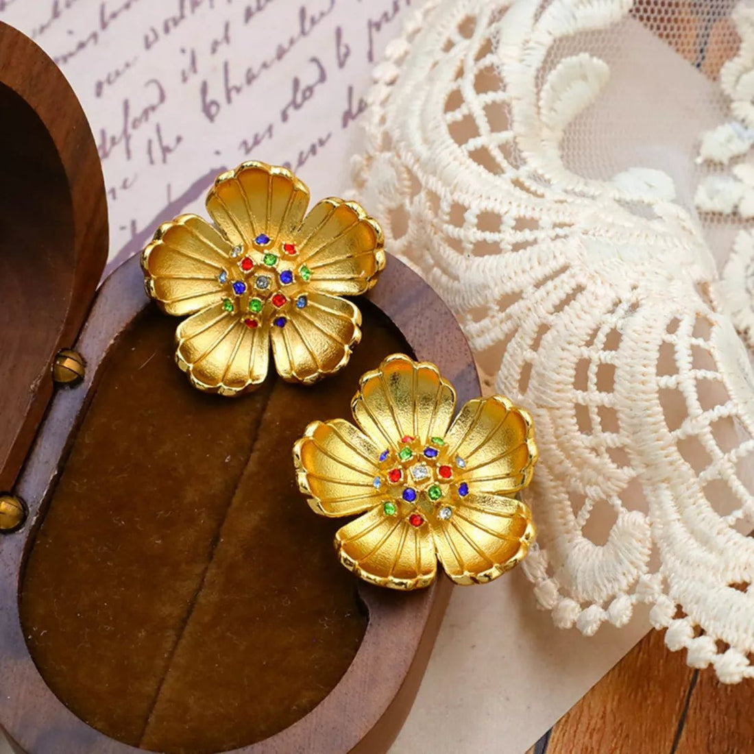 18K Gold - Plated Flower Zircon Earrings - 