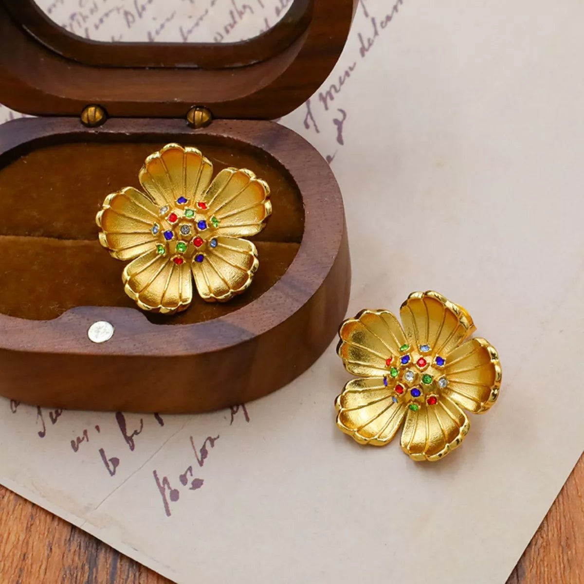 18K Gold - Plated Flower Zircon Earrings - 
