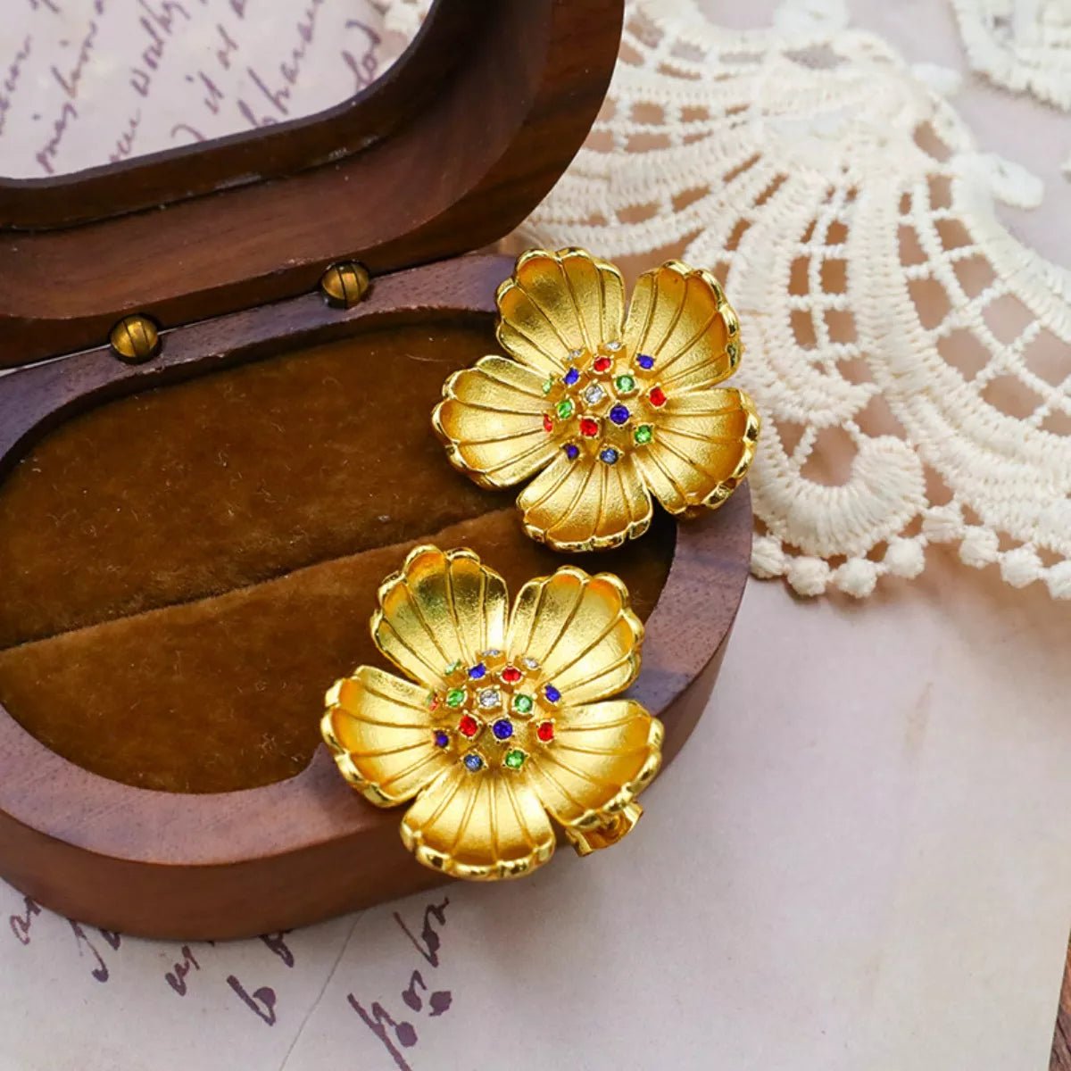 18K Gold - Plated Flower Zircon Earrings - 