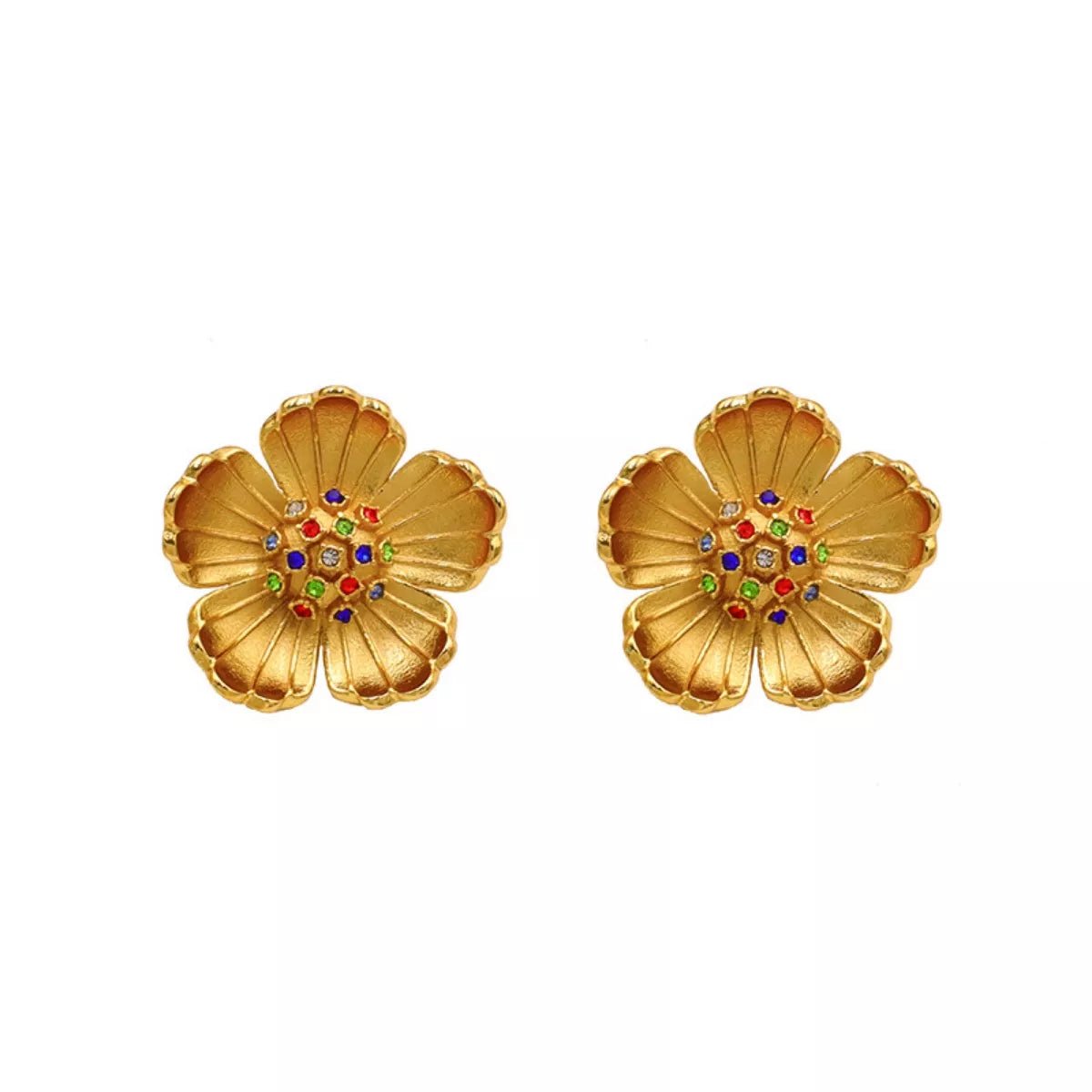 18K Gold - Plated Flower Zircon Earrings - 