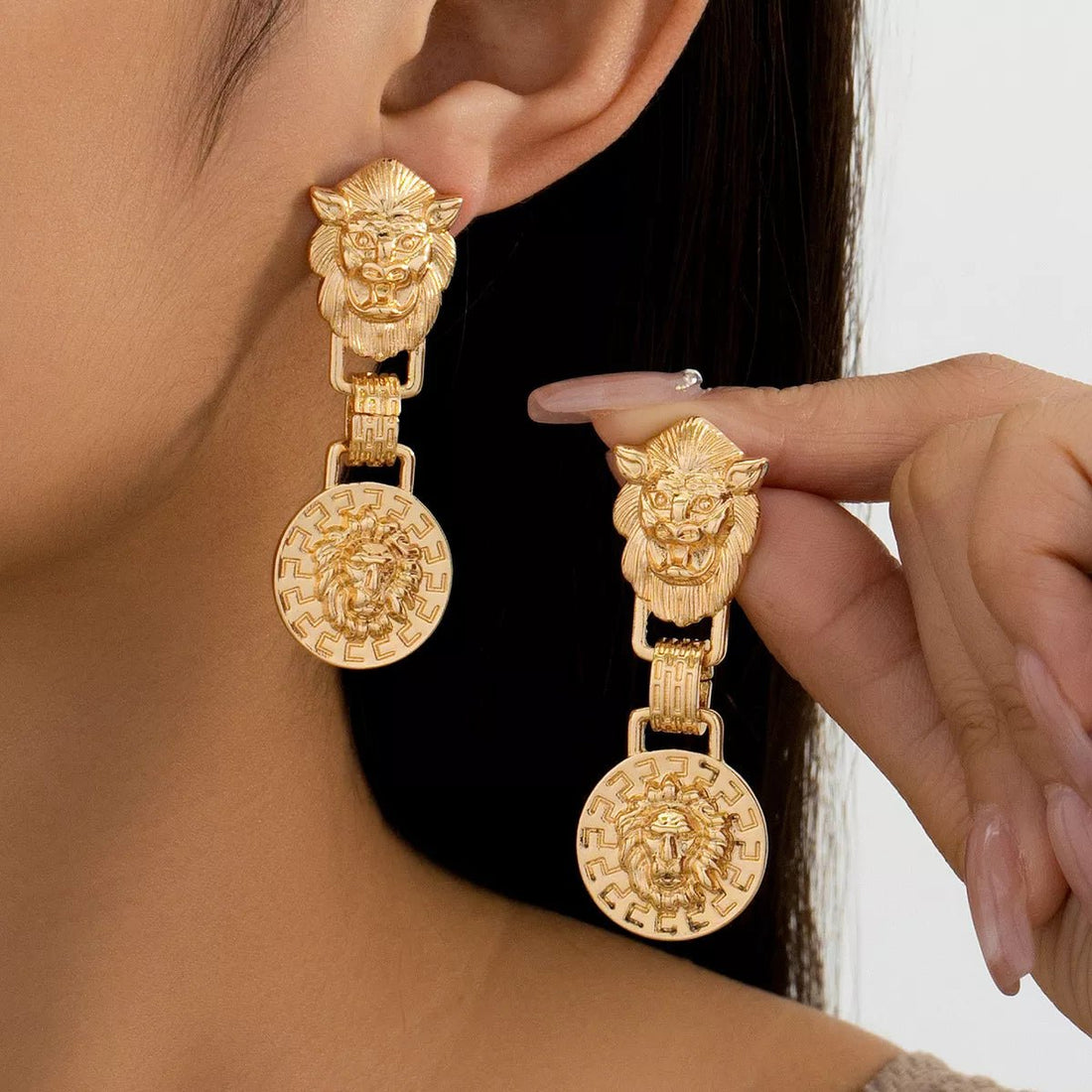 18K Gold - Plated Lion Medallion Drop Earrings - 
