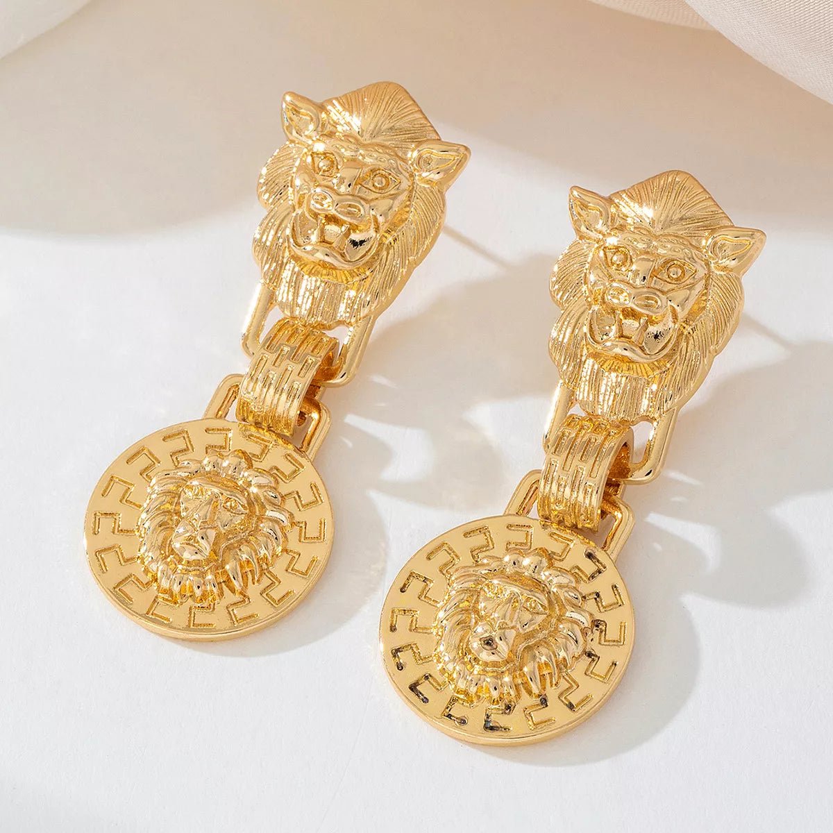 18K Gold - Plated Lion Medallion Drop Earrings - 