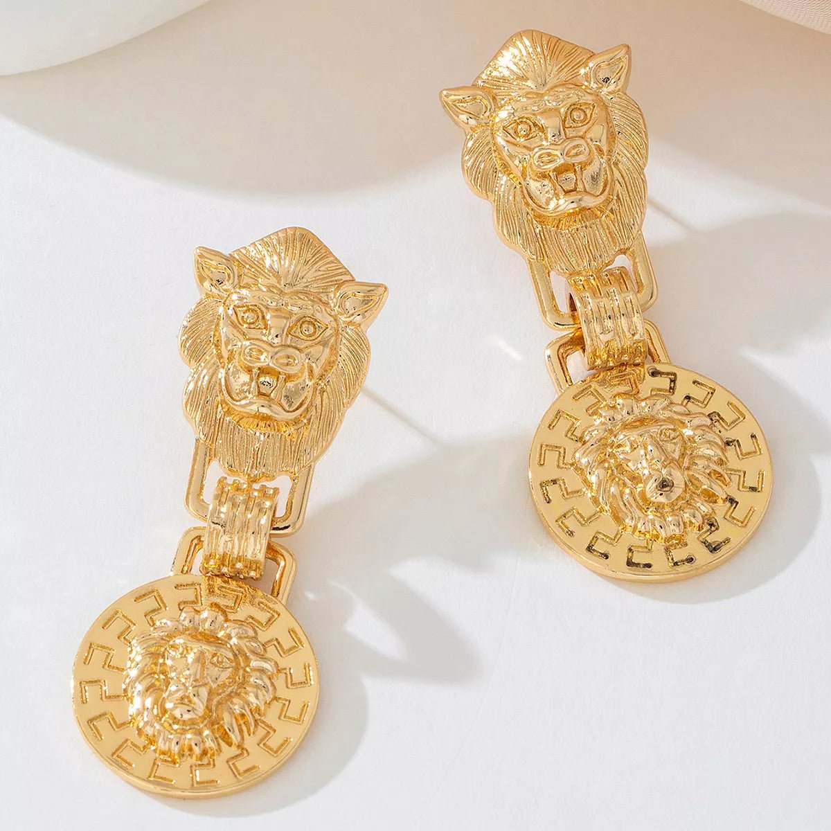 18K Gold - Plated Lion Medallion Drop Earrings - 