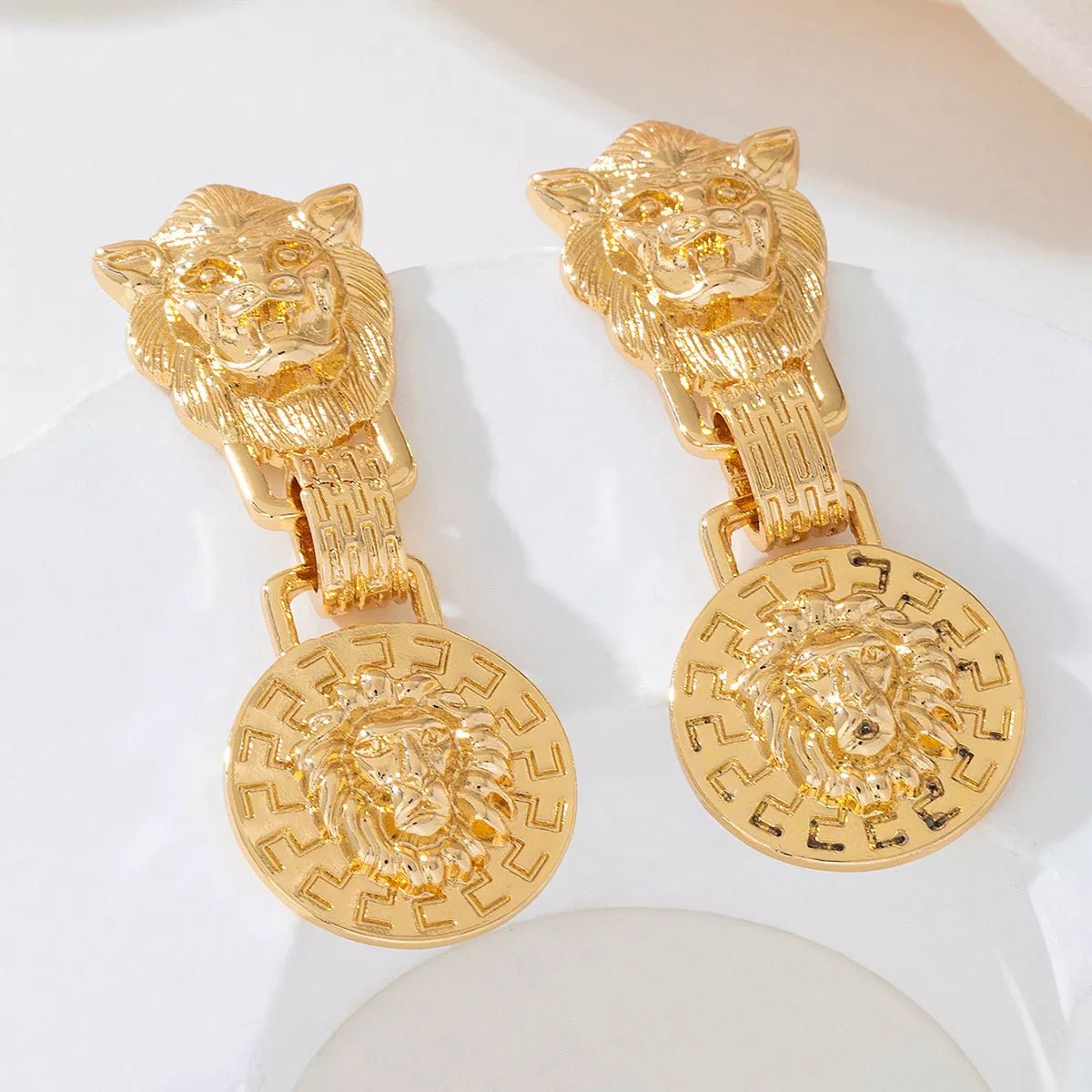 18K Gold - Plated Lion Medallion Drop Earrings - 