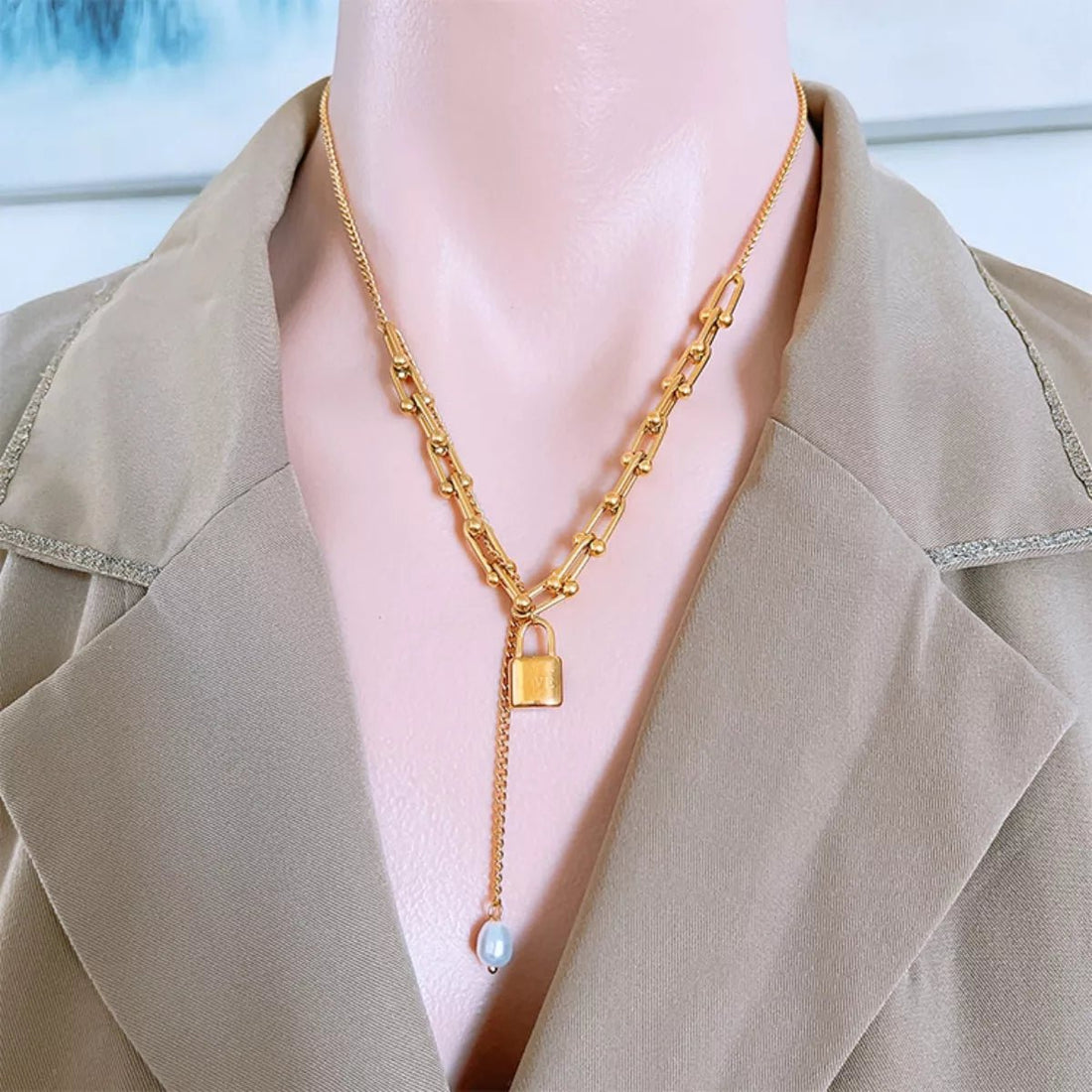 18K Gold - Plated Lock Pendant Necklace - 