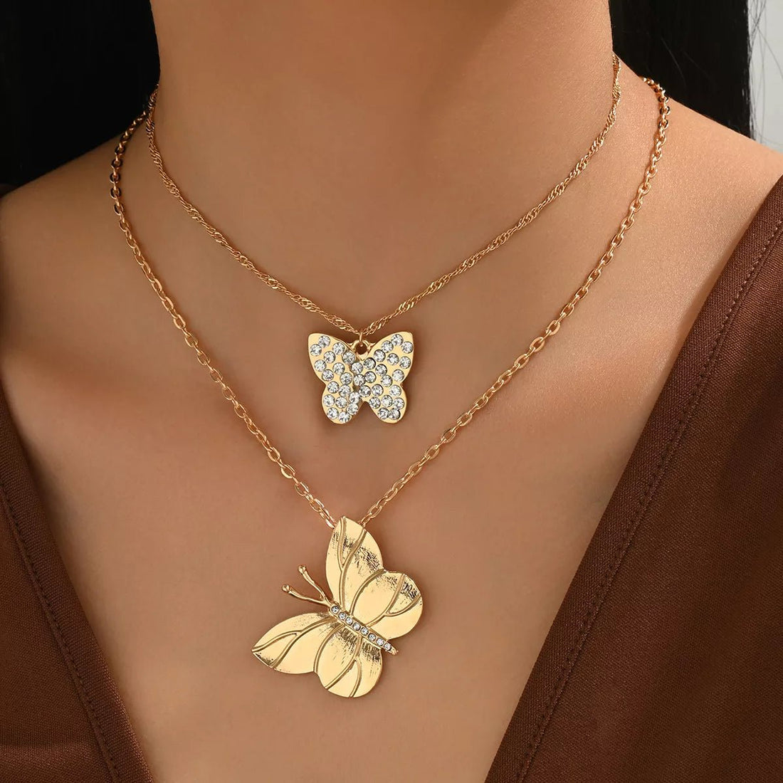 18K Gold - Plated Rhinestone Butterfly Necklace - 