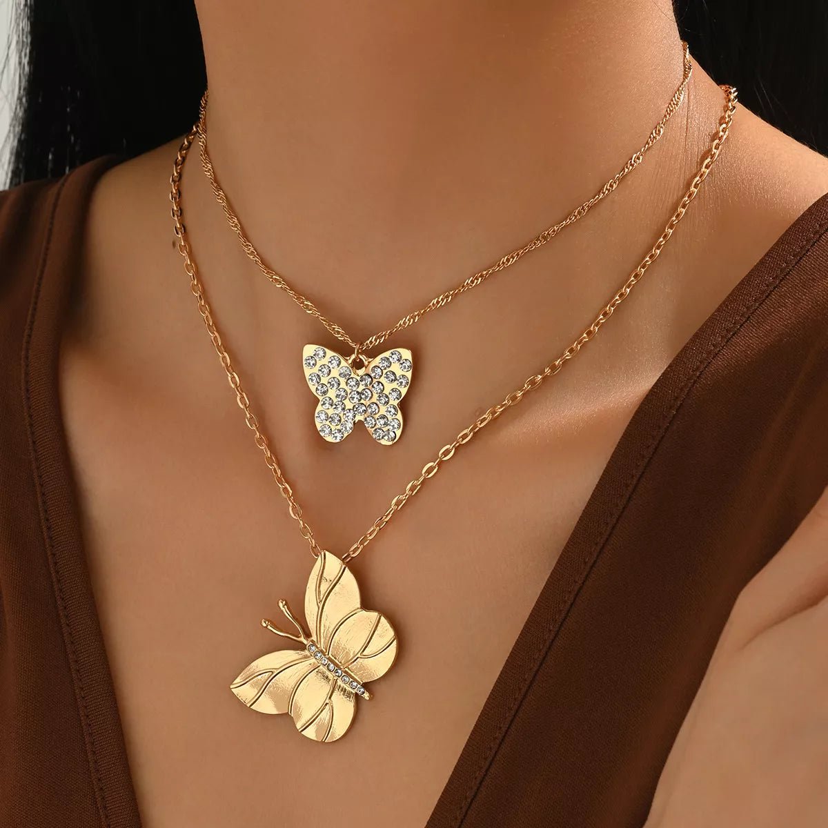 18K Gold - Plated Rhinestone Butterfly Necklace - 
