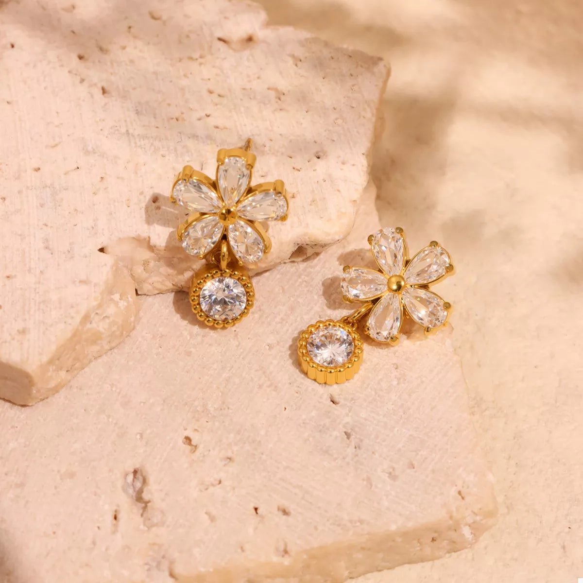 18K Gold - Plated Stainless Steel Zircon Flower Drop Earrings - 