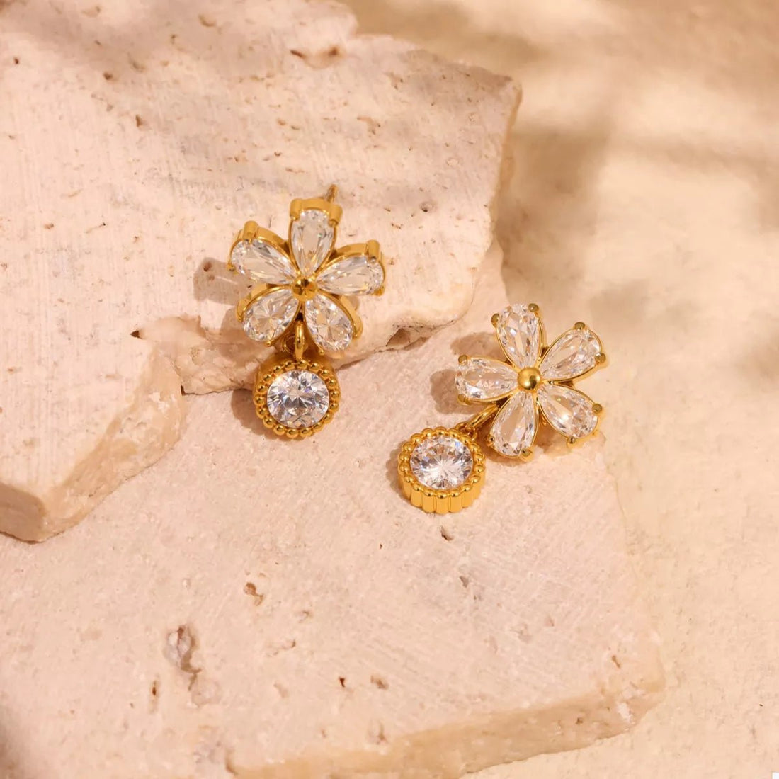 18K Gold - Plated Stainless Steel Zircon Flower Drop Earrings - 