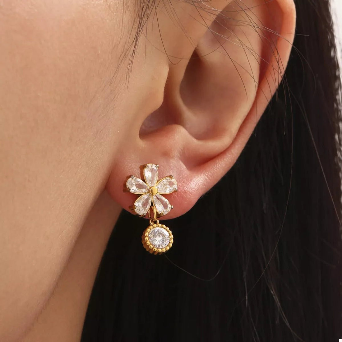 18K Gold - Plated Stainless Steel Zircon Flower Drop Earrings - 
