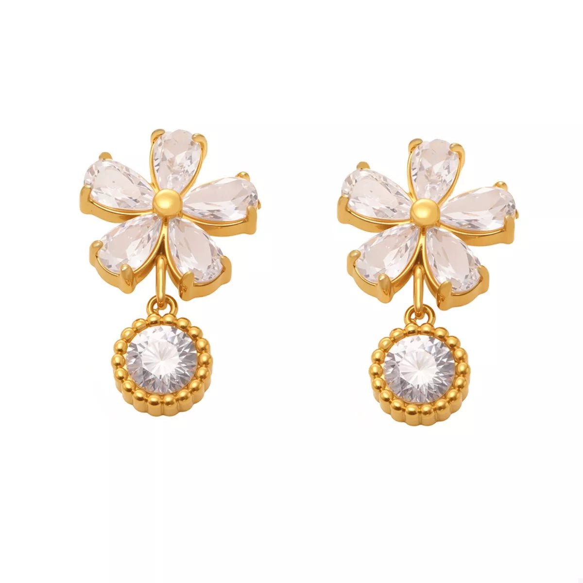 18K Gold - Plated Stainless Steel Zircon Flower Drop Earrings - 