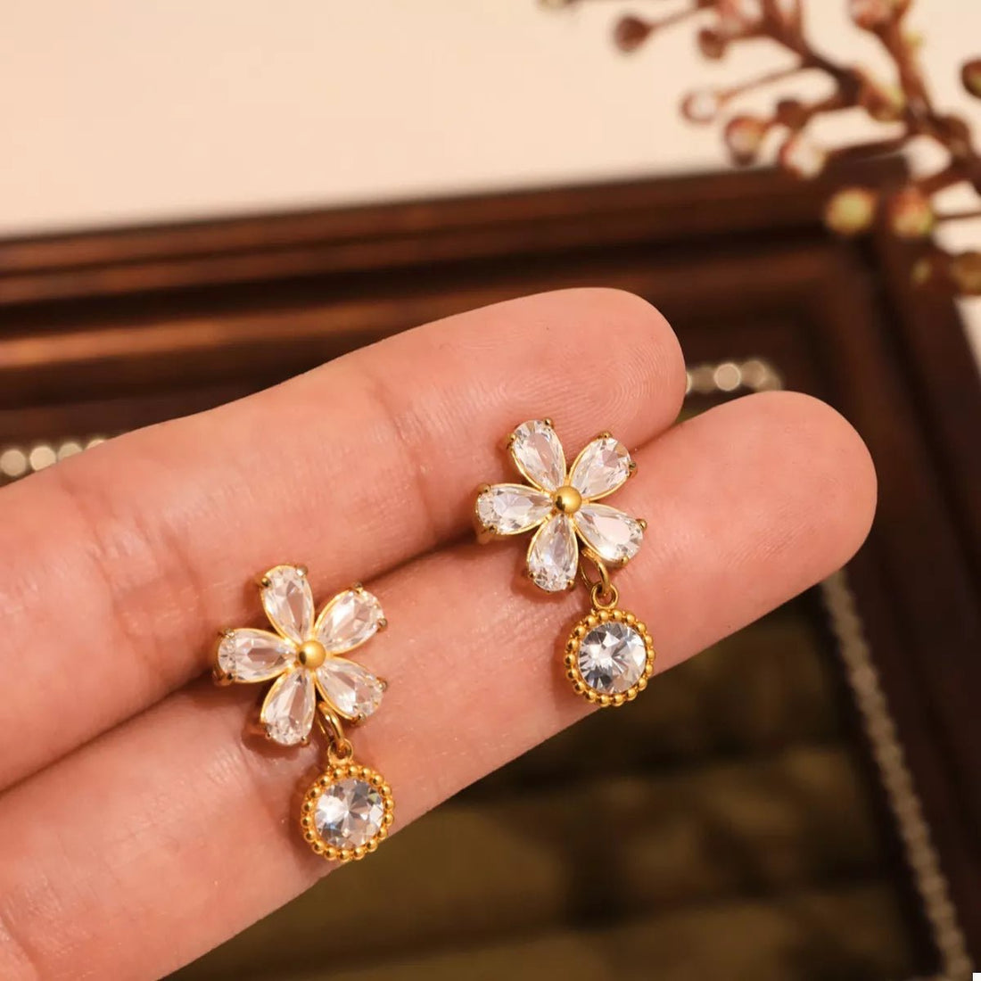 18K Gold - Plated Stainless Steel Zircon Flower Drop Earrings - 