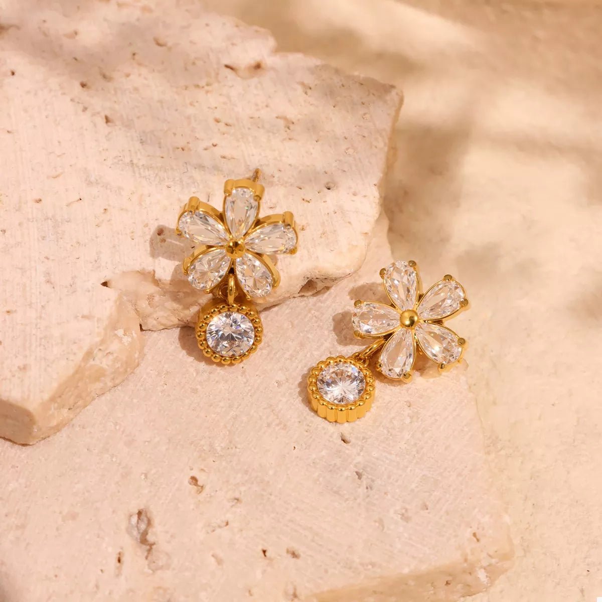 18K Gold - Plated Stainless Steel Zircon Flower Drop Earrings - 