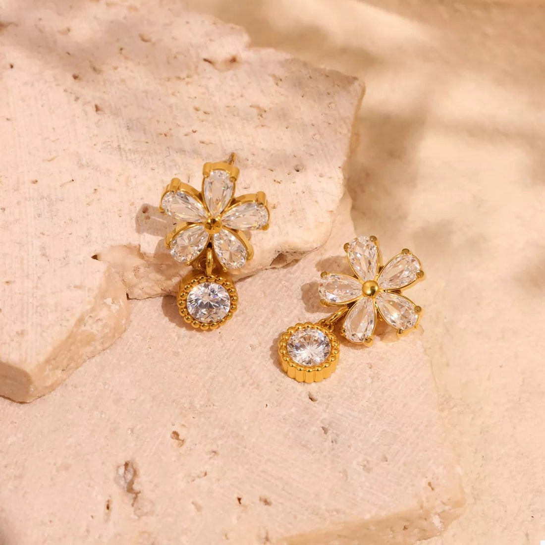 18K Gold - Plated Stainless Steel Zircon Flower Drop Earrings - 