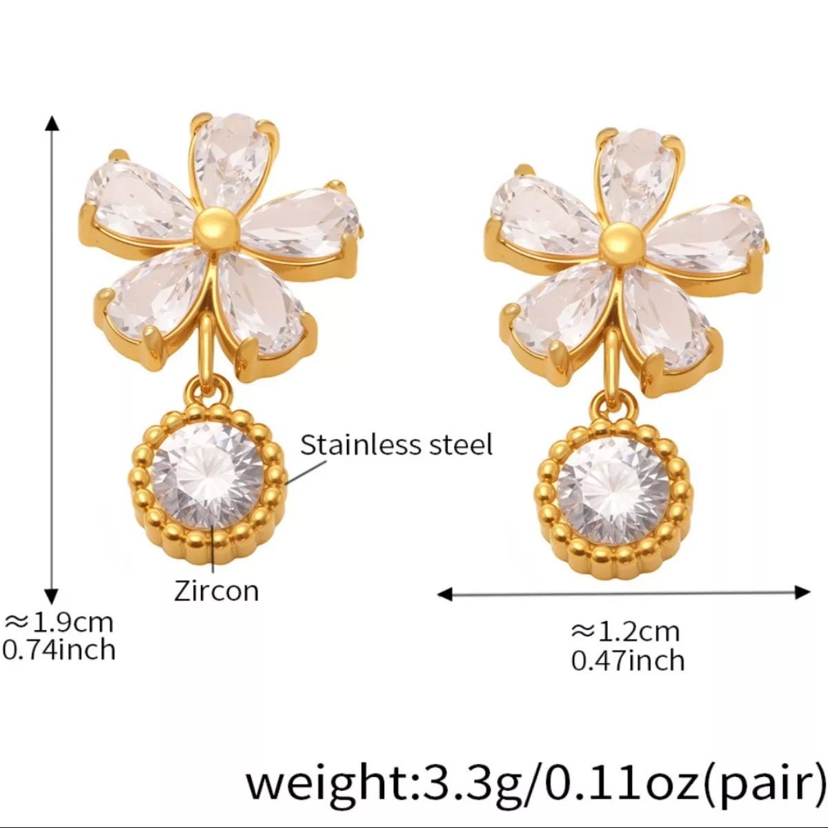 18K Gold - Plated Stainless Steel Zircon Flower Drop Earrings - 