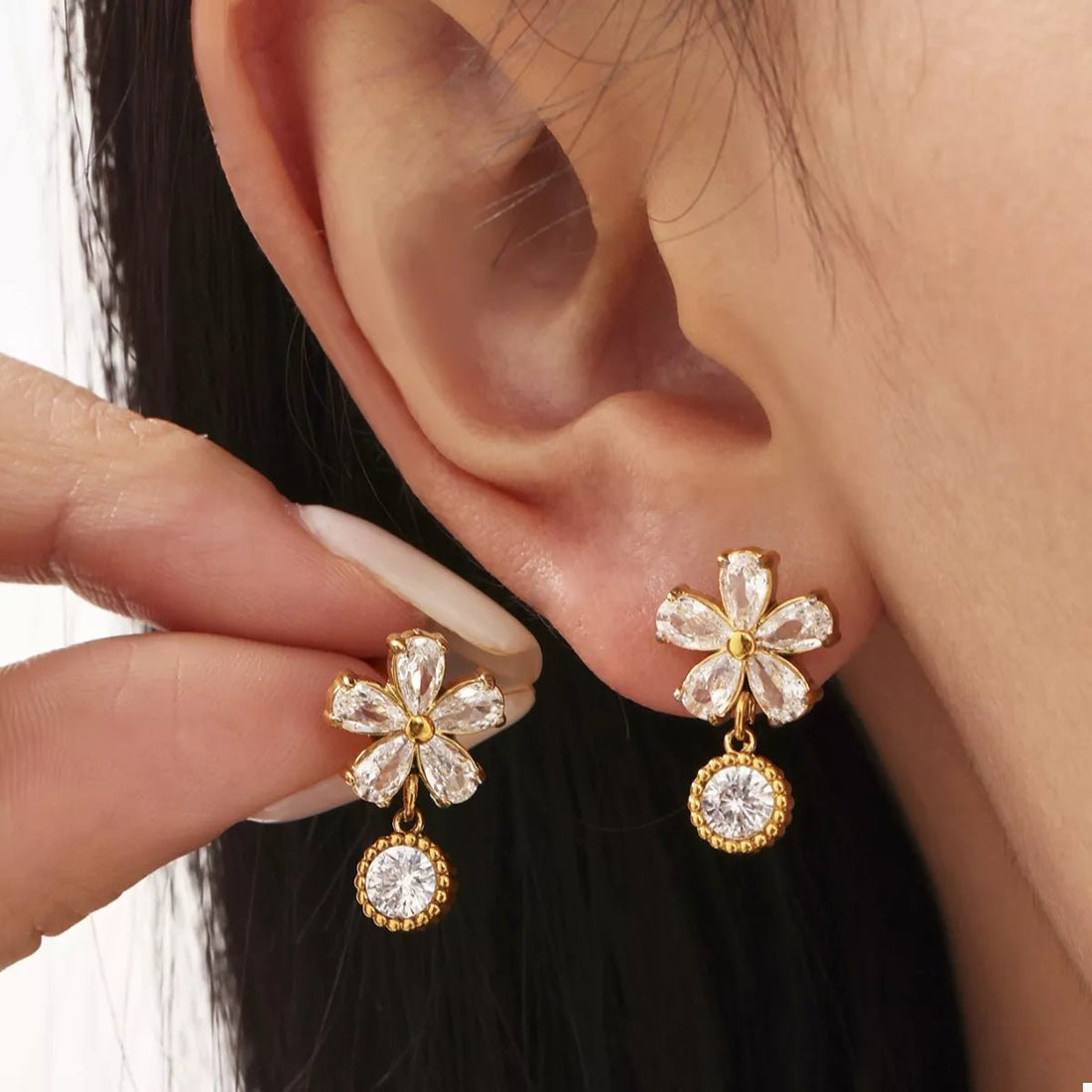 18K Gold - Plated Stainless Steel Zircon Flower Drop Earrings - 
