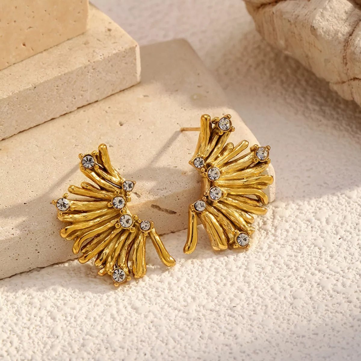 18K Gold - Plated Stud Earrings with Rhinestones - 