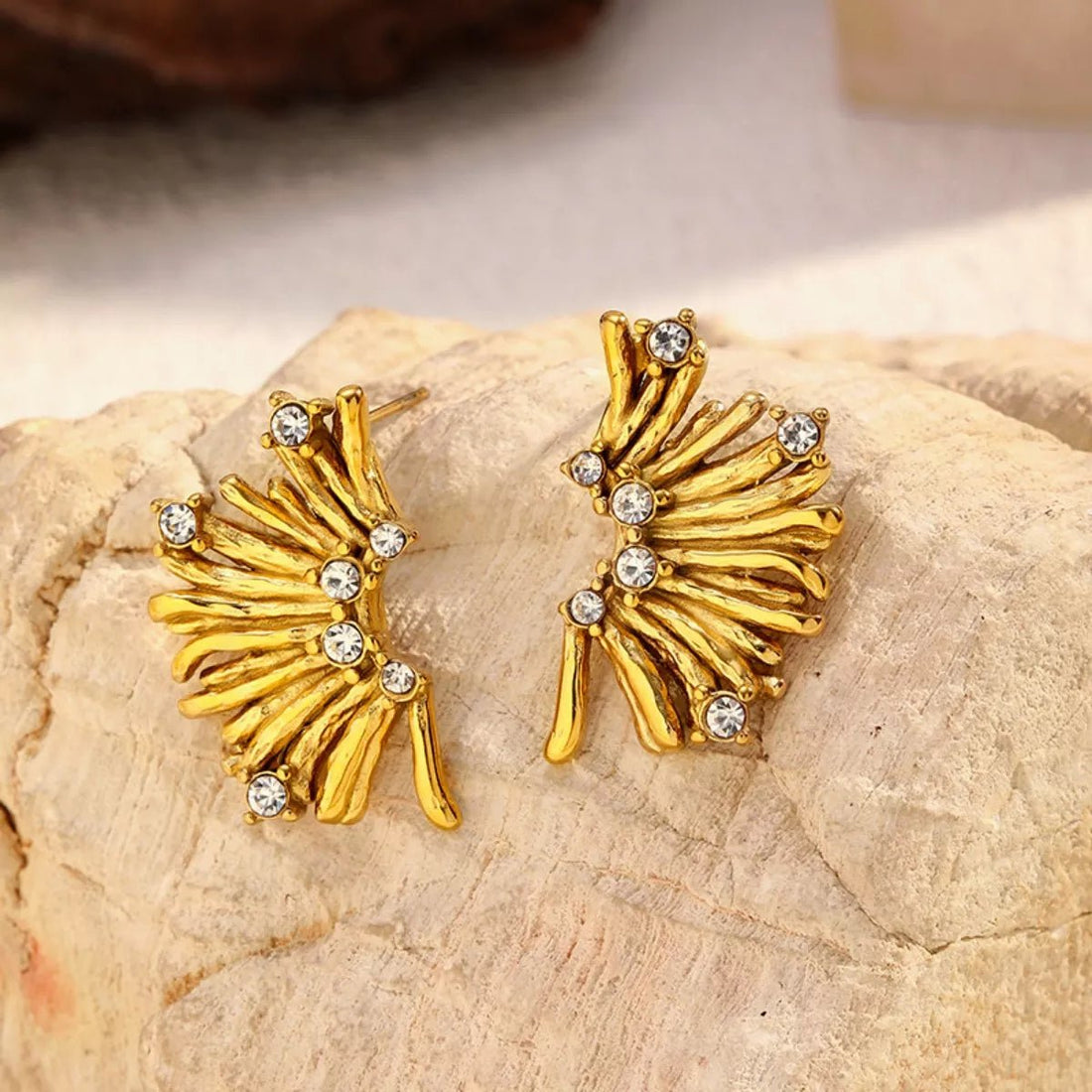 18K Gold - Plated Stud Earrings with Rhinestones - 