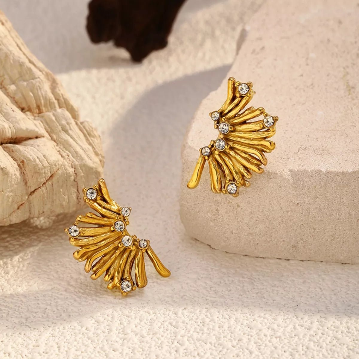 18K Gold - Plated Stud Earrings with Rhinestones - 
