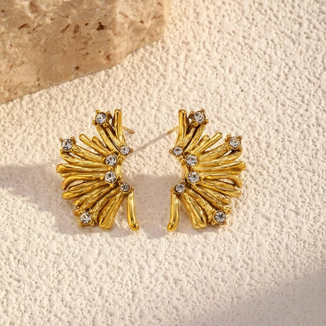 18K Gold - Plated Stud Earrings with Rhinestones - 