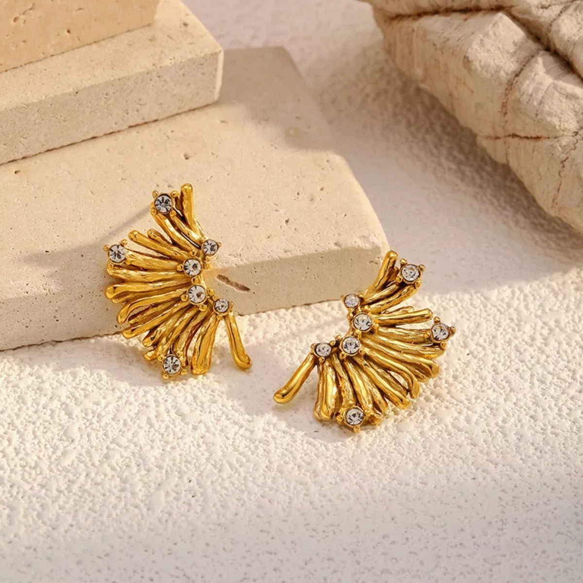 18K Gold - Plated Stud Earrings with Rhinestones - 