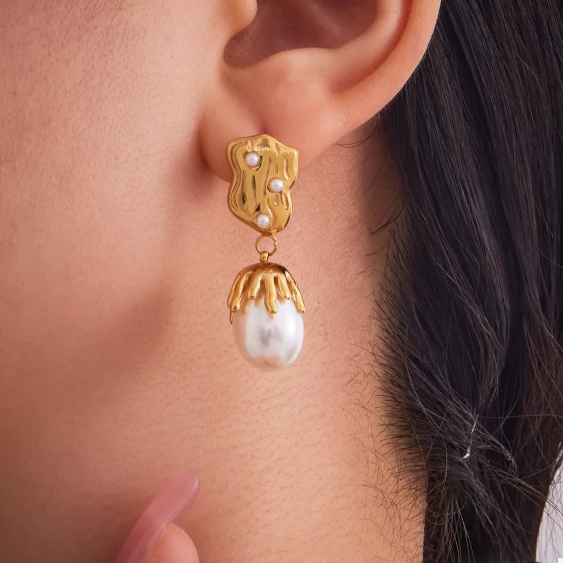 18K Gold - Plated Synthetic Pearl Drop Earrings - 