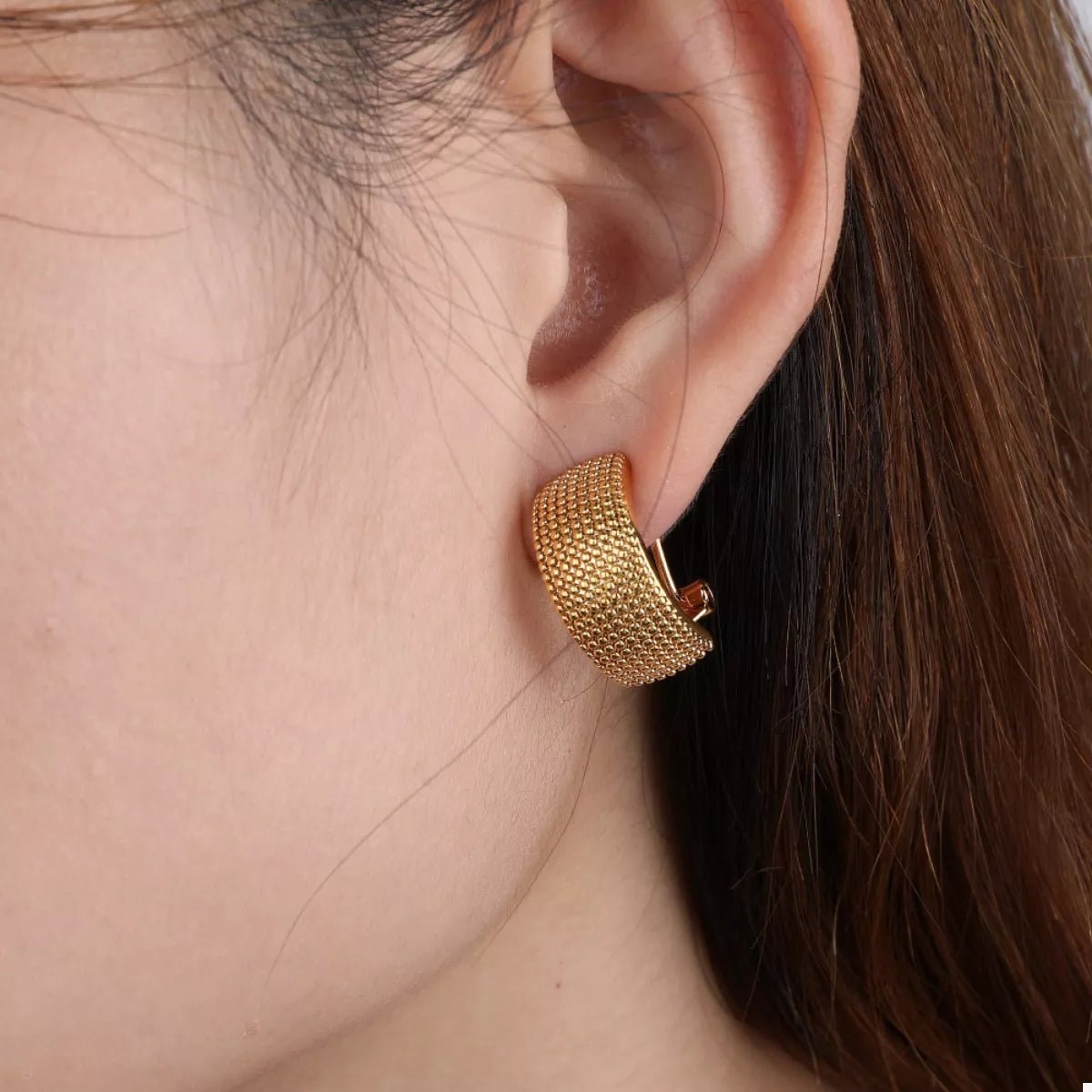 18K Gold - Plated Textured Wide Band Hoop Earrings - 