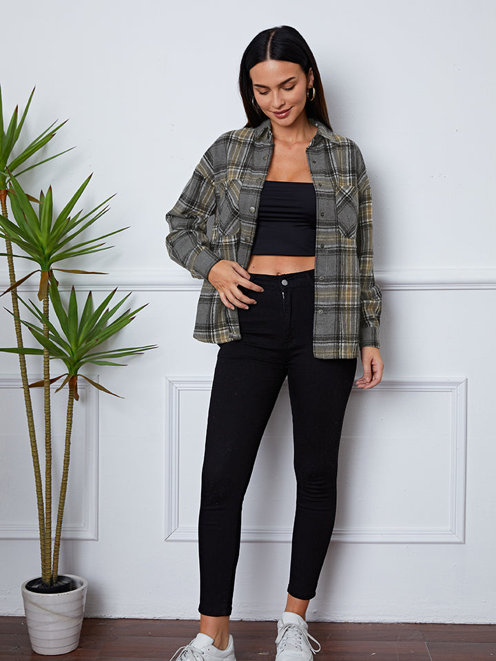 Plaid Snap Down Long Sleeve Shacket