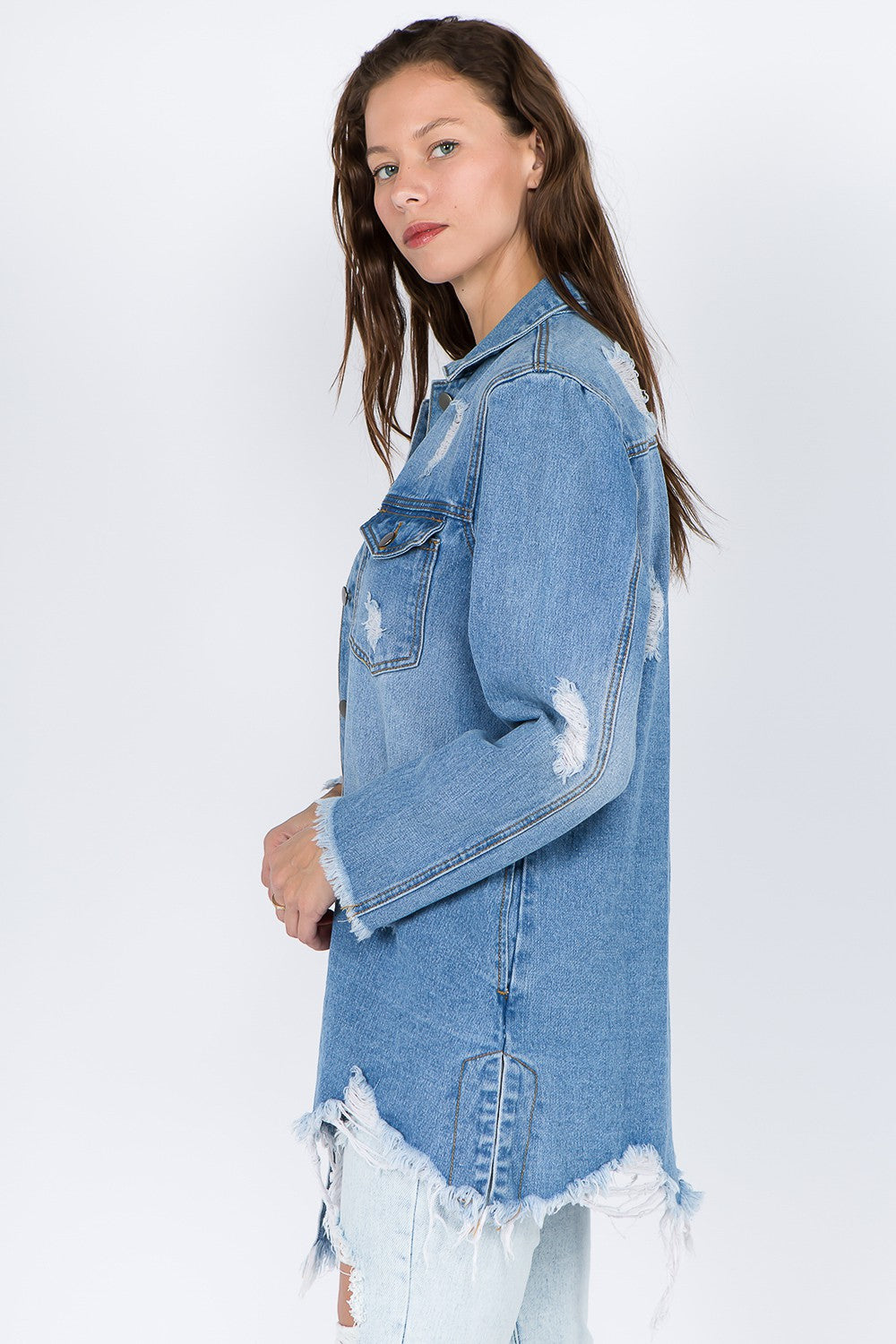 American Bazi Distressed Frayed Hem Denim Jacket