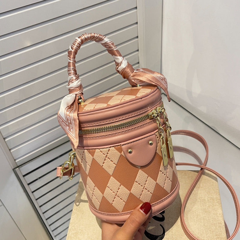 Round Bag Female Bag Ling Lattice Crossbody Bag Portable Bucket Bag Female