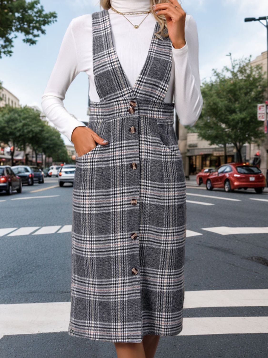 perfee pocketed plaid overall dress