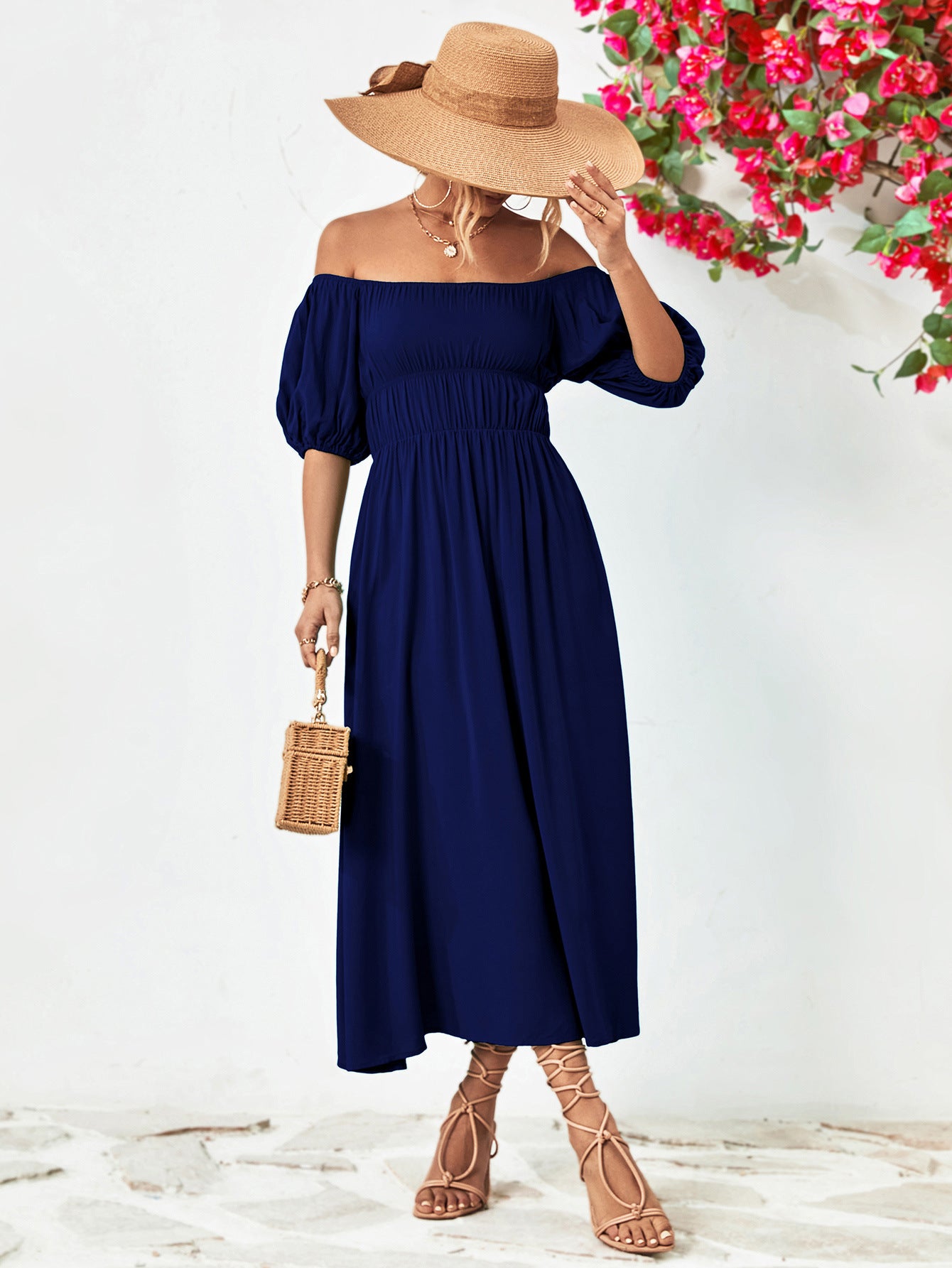 off-shoulder balloon sleeve midi dress