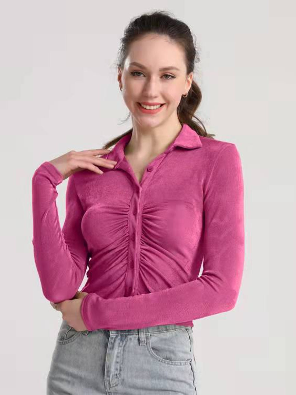 Ruched Button Up Long Sleeve T-Shirt